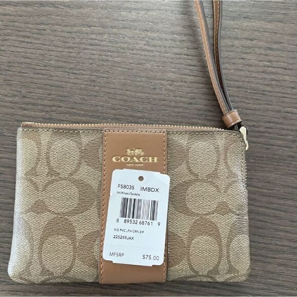 Khaki/Saddle COACH Corner Zip Signature PVC Wristlet F5803 - Picture 2 of 3